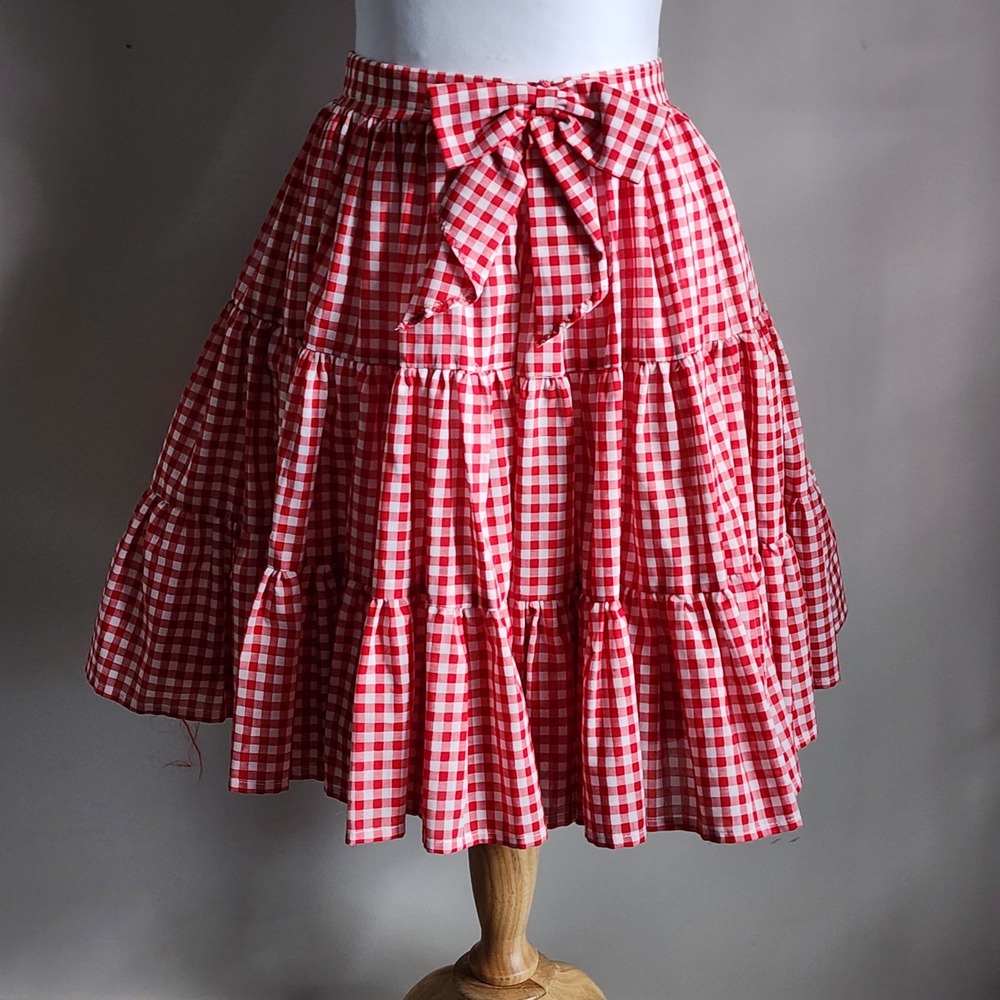 Gingham Tiered Skirt Womens XXS W24" Red White Bow Square Dance Cowgirl Costume
